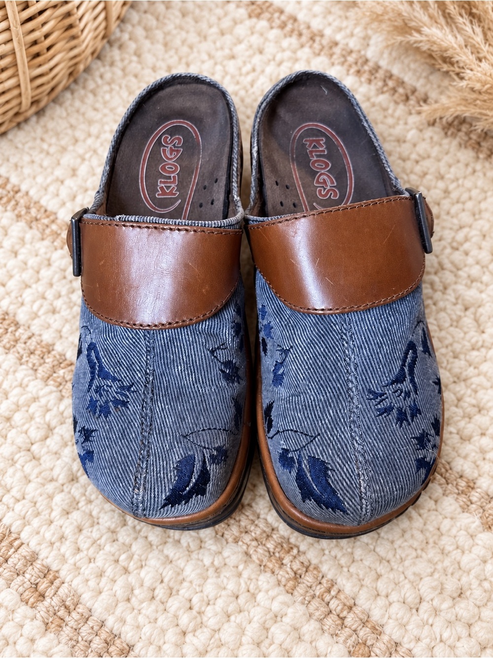 Klogs Kids Blue Floral Denim Clog with Brown Strap